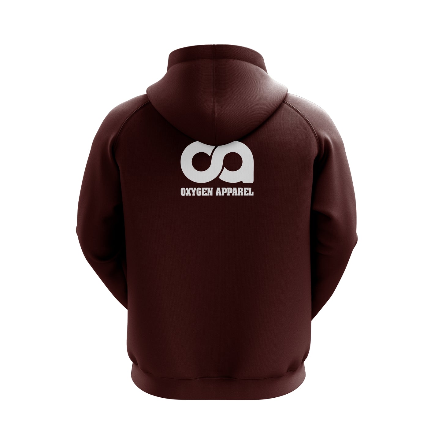 Brown hoodie with 'Oxygen Apparel' logo on the back against a white background