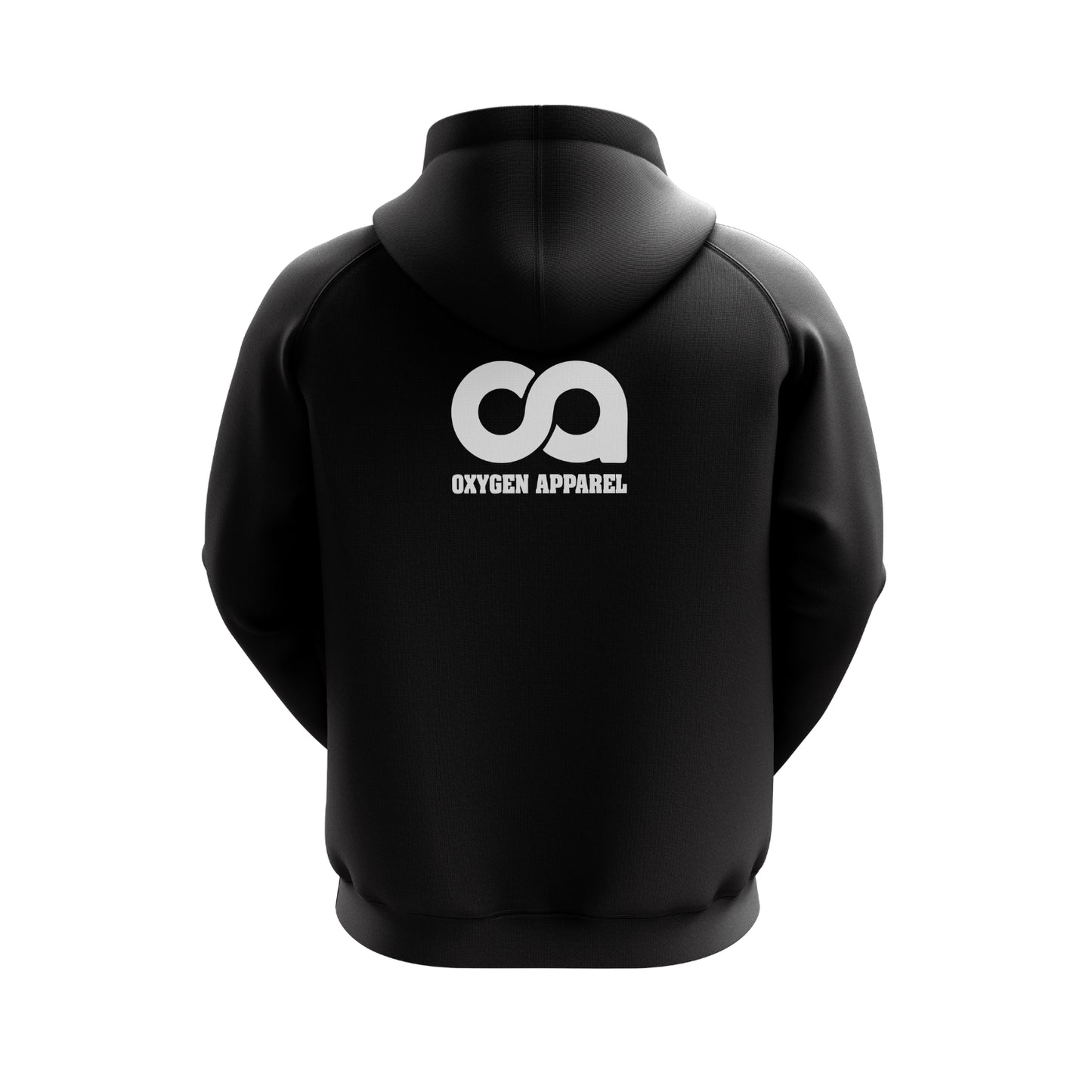 Black hoodie with 'Oxygen Apparel' logo on the back against a white background