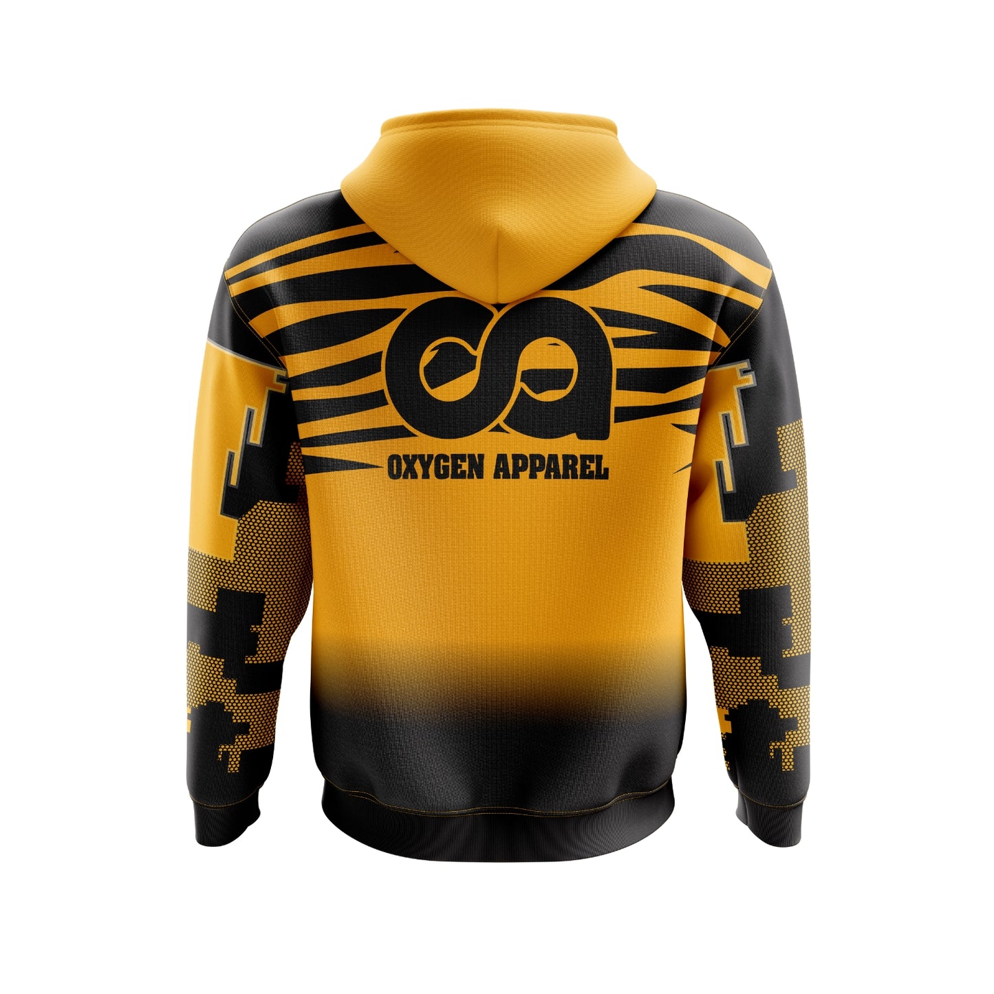 Yellow and black hoodie with 'Oxygen Apparel' logo on a white background