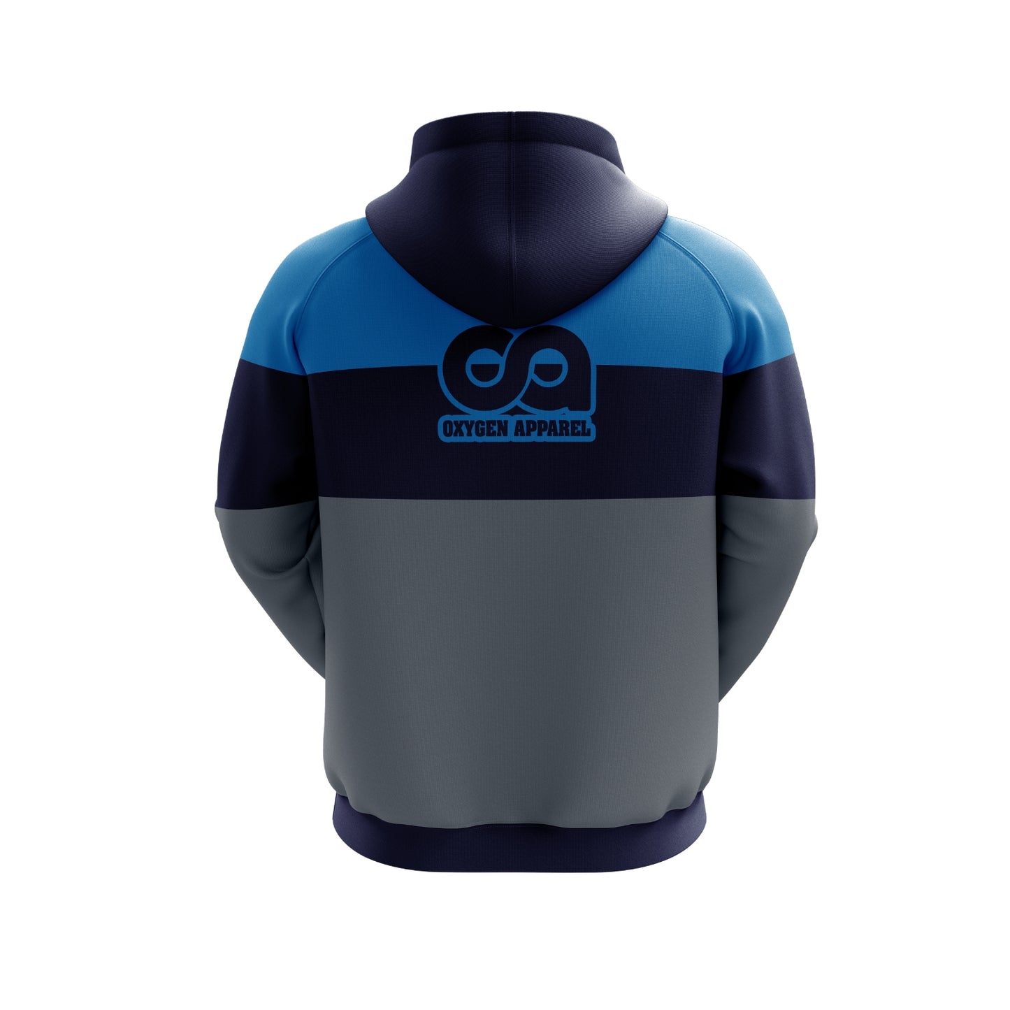 Back view of a hoodie with a brand logo on a white background