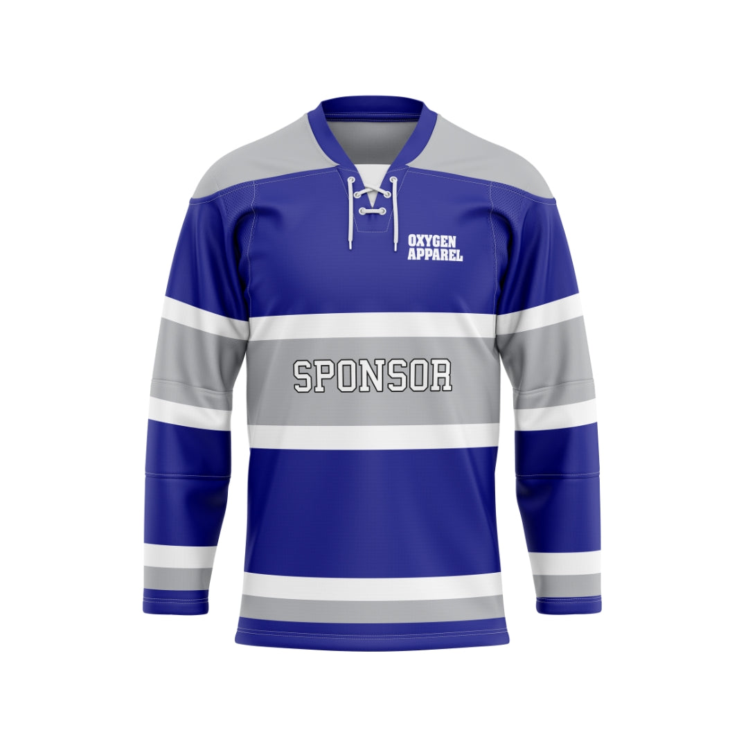 Blue, gray, and white hockey jersey with 'Oxygen Apparel' and 'Sponsor' text on a white background