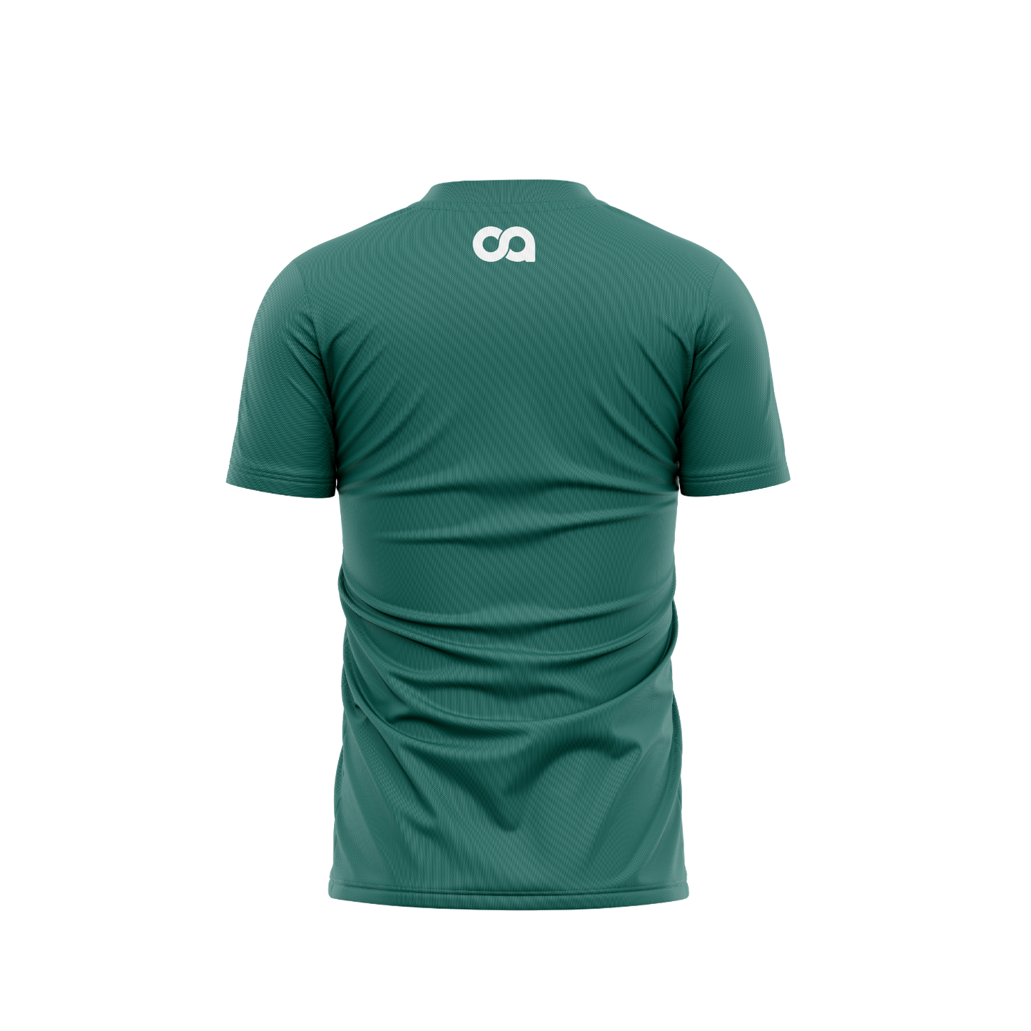 Green t-shirt with a logo on the back against a white background