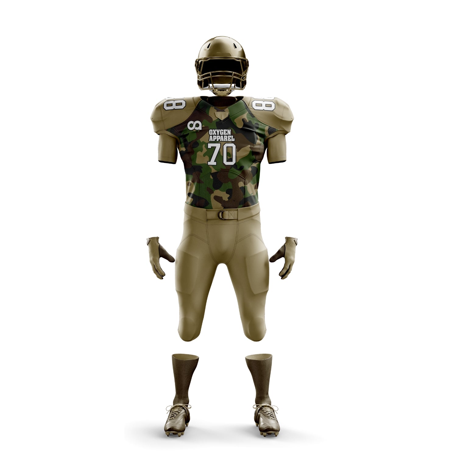 Camouflage football uniform with helmet on a white background
