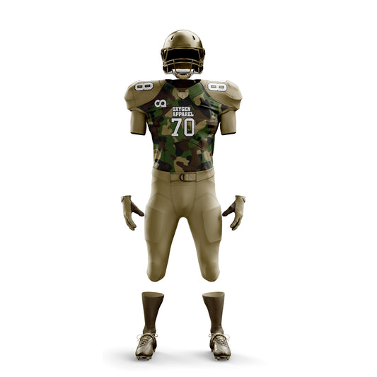 Camouflage football uniform with helmet on a white background