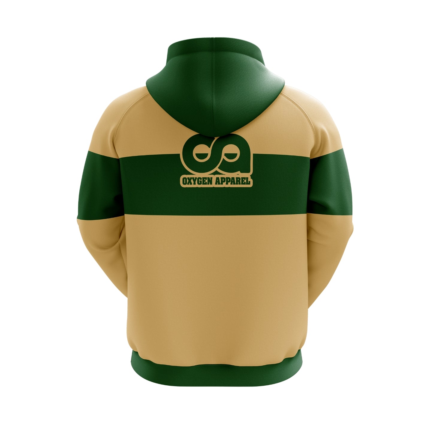 Beige and green hoodie with Oxygen Apparel logo on the back against a white background