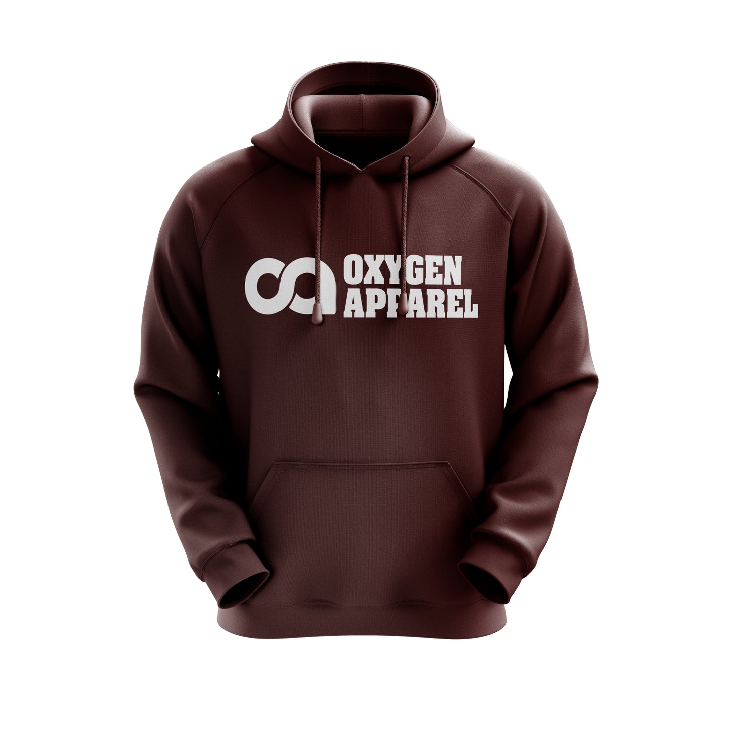 Brown hoodie with 'Oxygen Apparel' logo on a white background