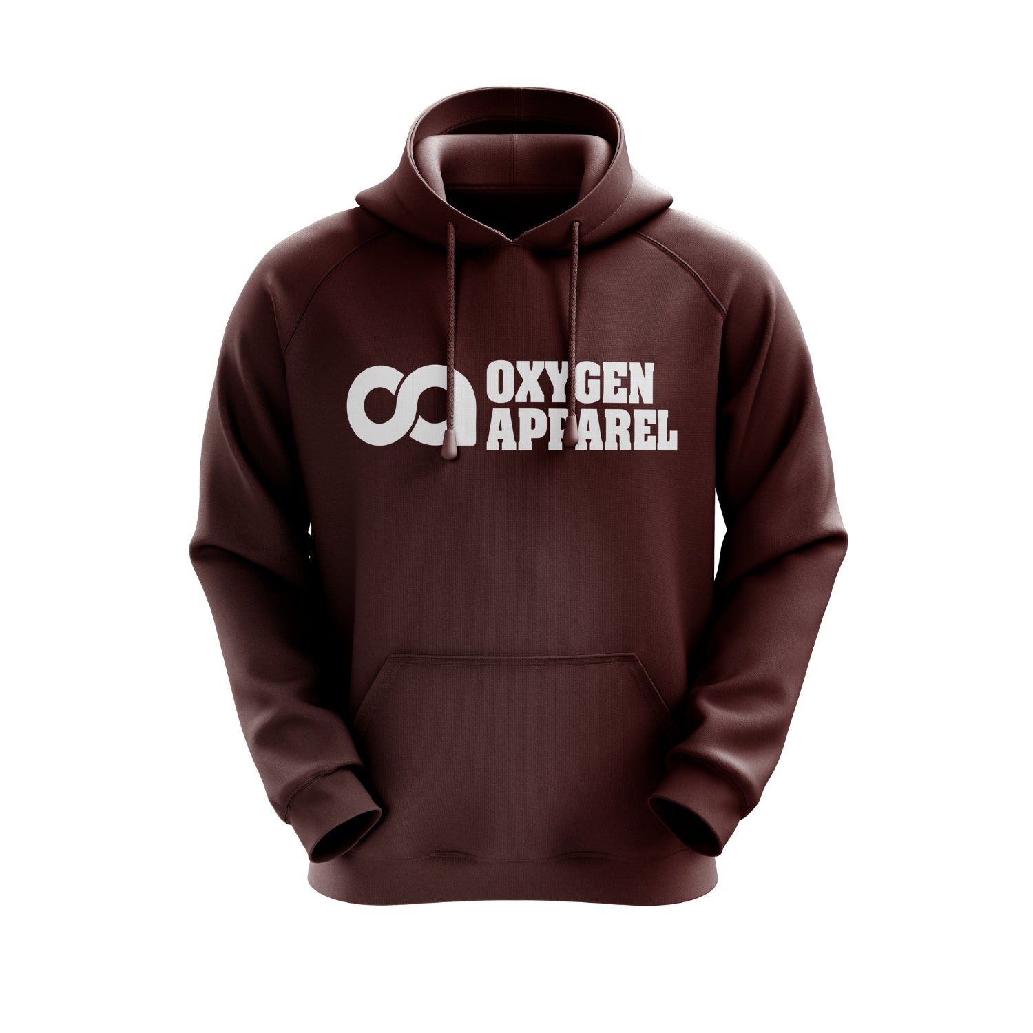 Brown hoodie with 'Oxygen Apparel' logo on a white background