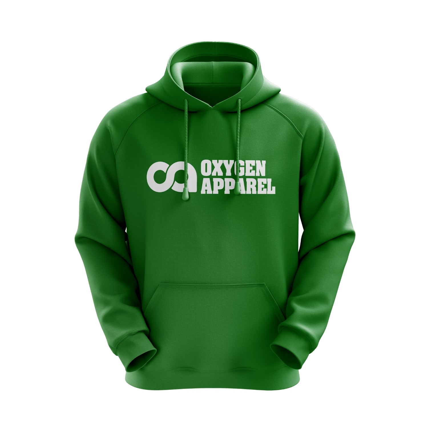 Green hoodie with 'Oxygen Apparel' logo on a white background