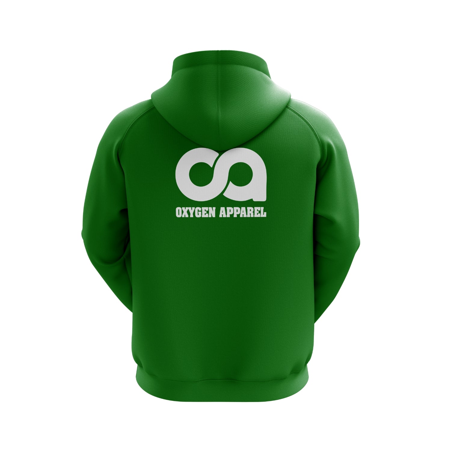 Green hoodie with 'Oxygen Apparel' logo on the back against a white background
