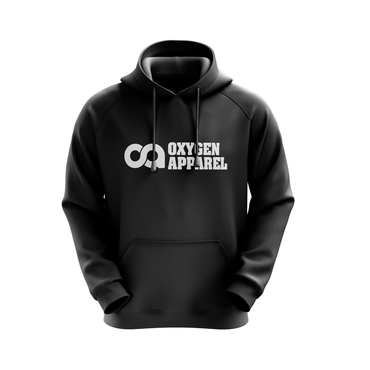 Black hoodie with 'Oxygen Apparel' logo on a white background