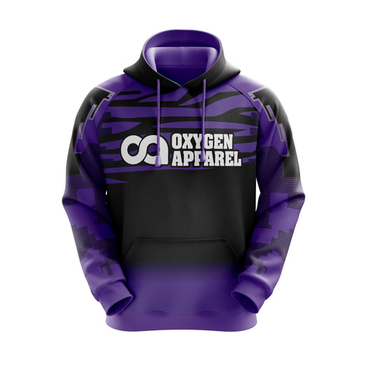 Purple and black hoodie with 'Oxygen Apparel' logo on a white background