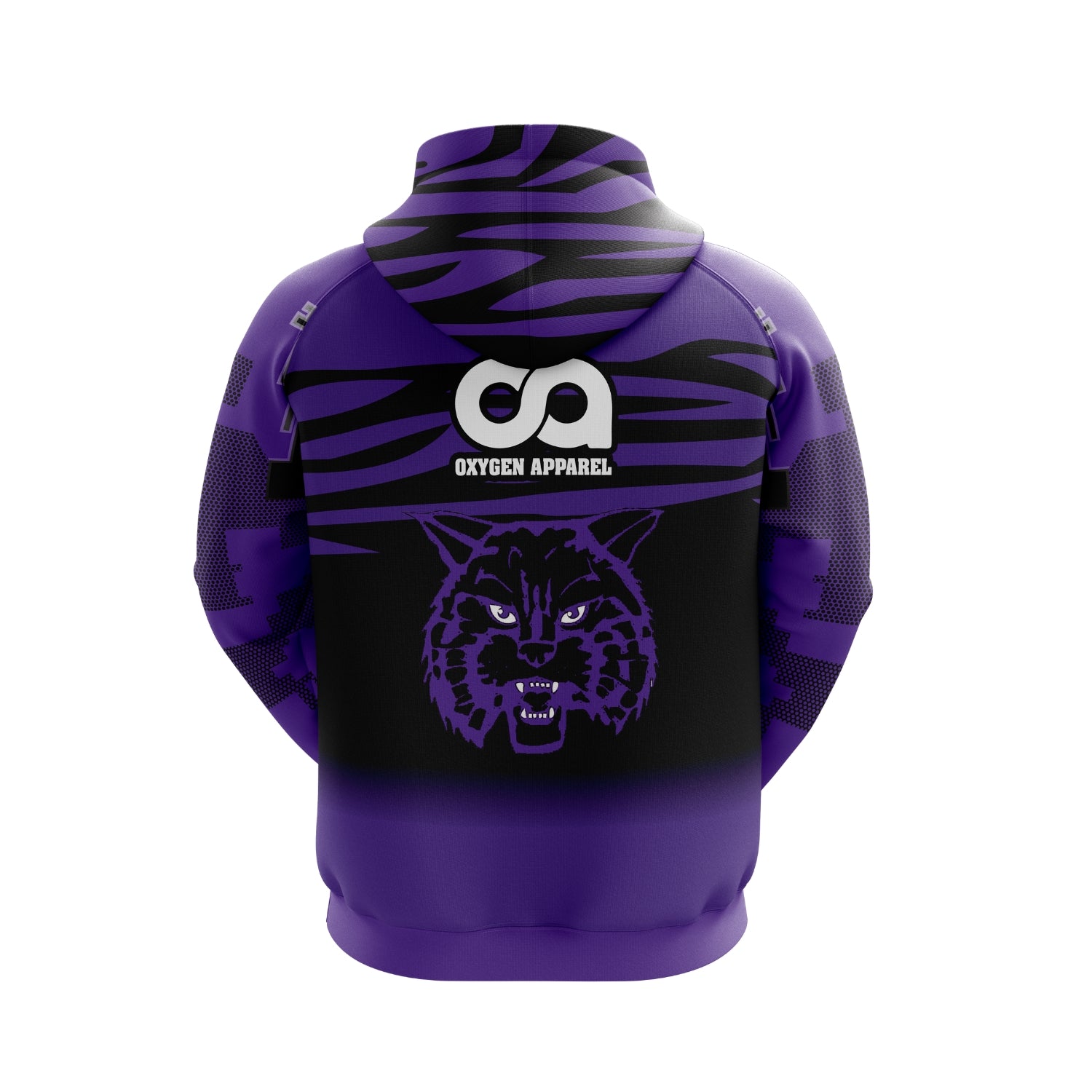Purple hoodie with black panther design and 'Oxygen Apparel' logo on a white background