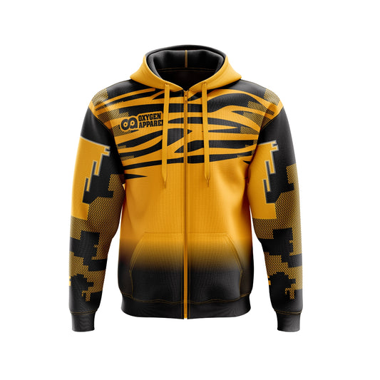 Yellow and black hoodie with a geometric pattern on a white background