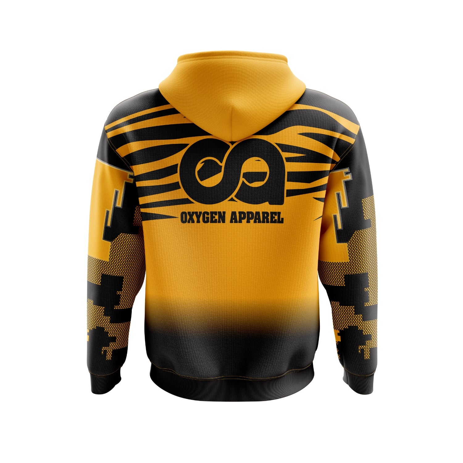 Yellow and black hoodie with 'Oxygen Apparel' logo on a white background