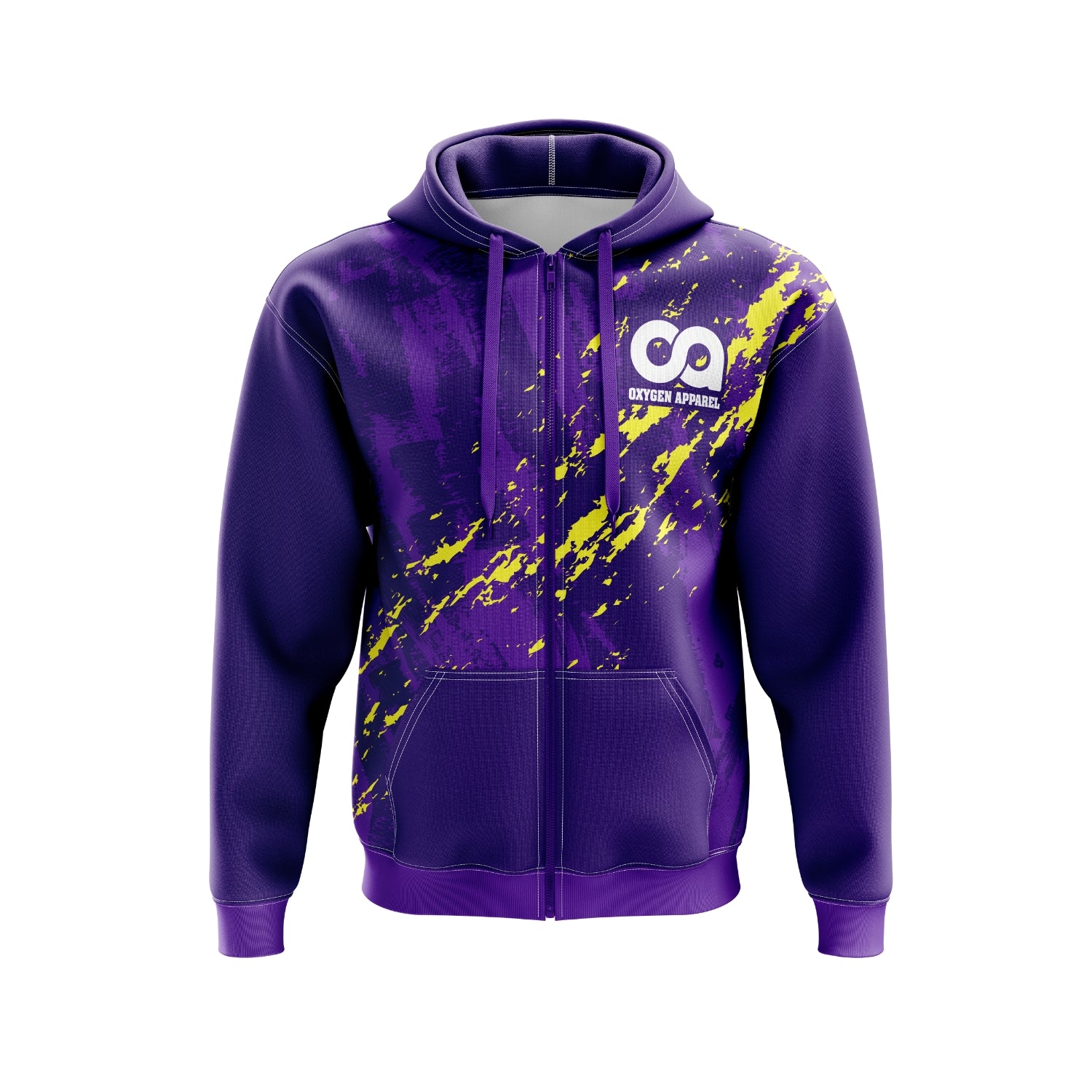 Purple hoodie with yellow splatter design and a logo on a white background