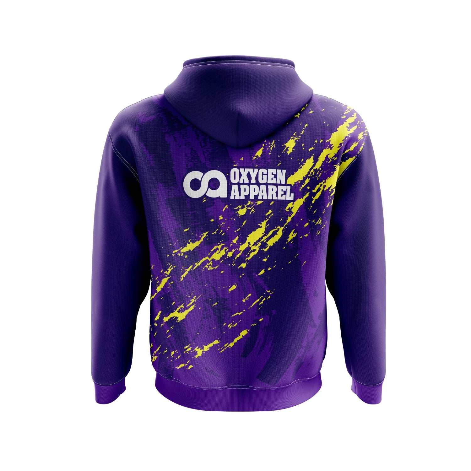 Purple hoodie with yellow splatter design and 'Oxygen Apparel' logo on a white background