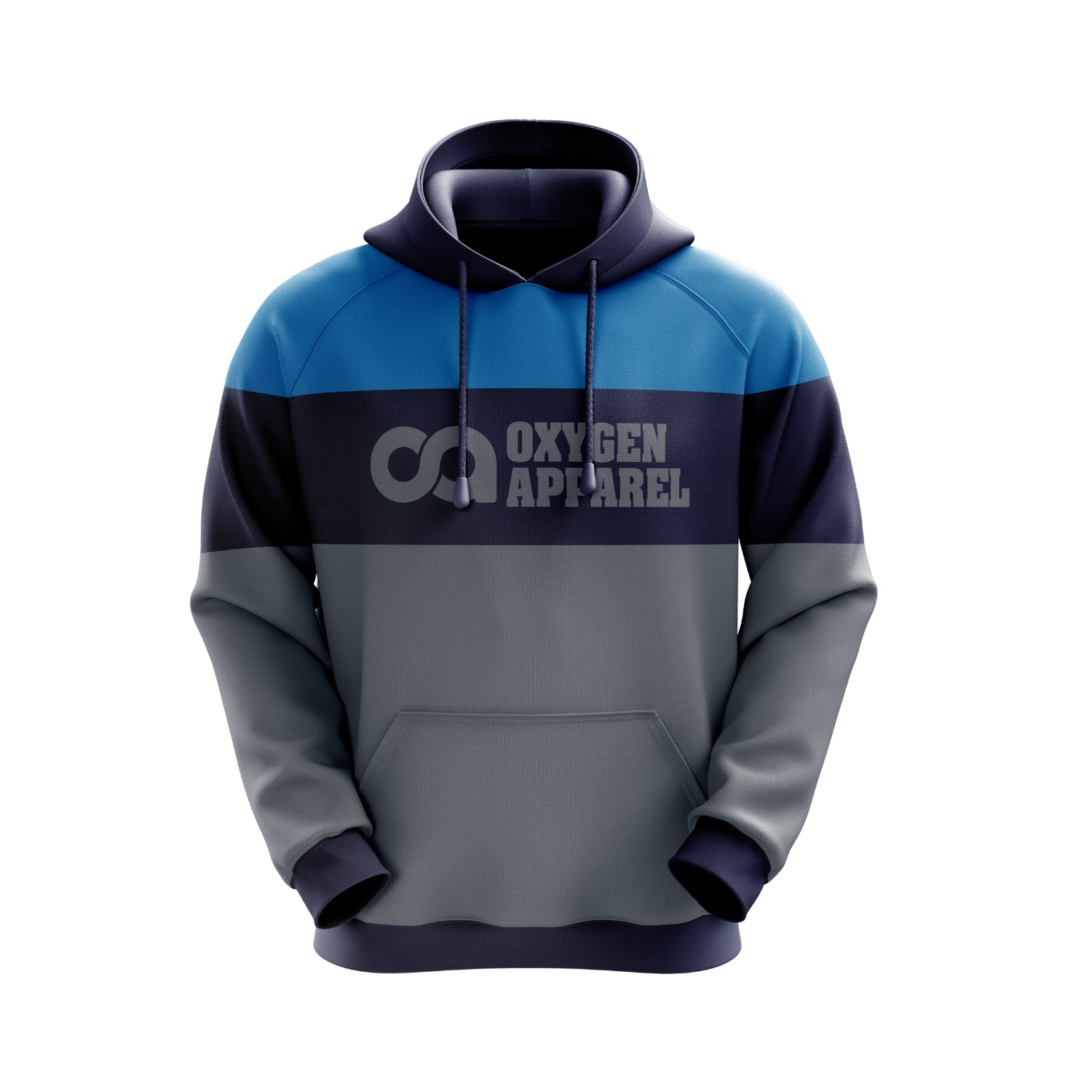Blue and gray hoodie with 'Oxygen Apparel' logo on a white background