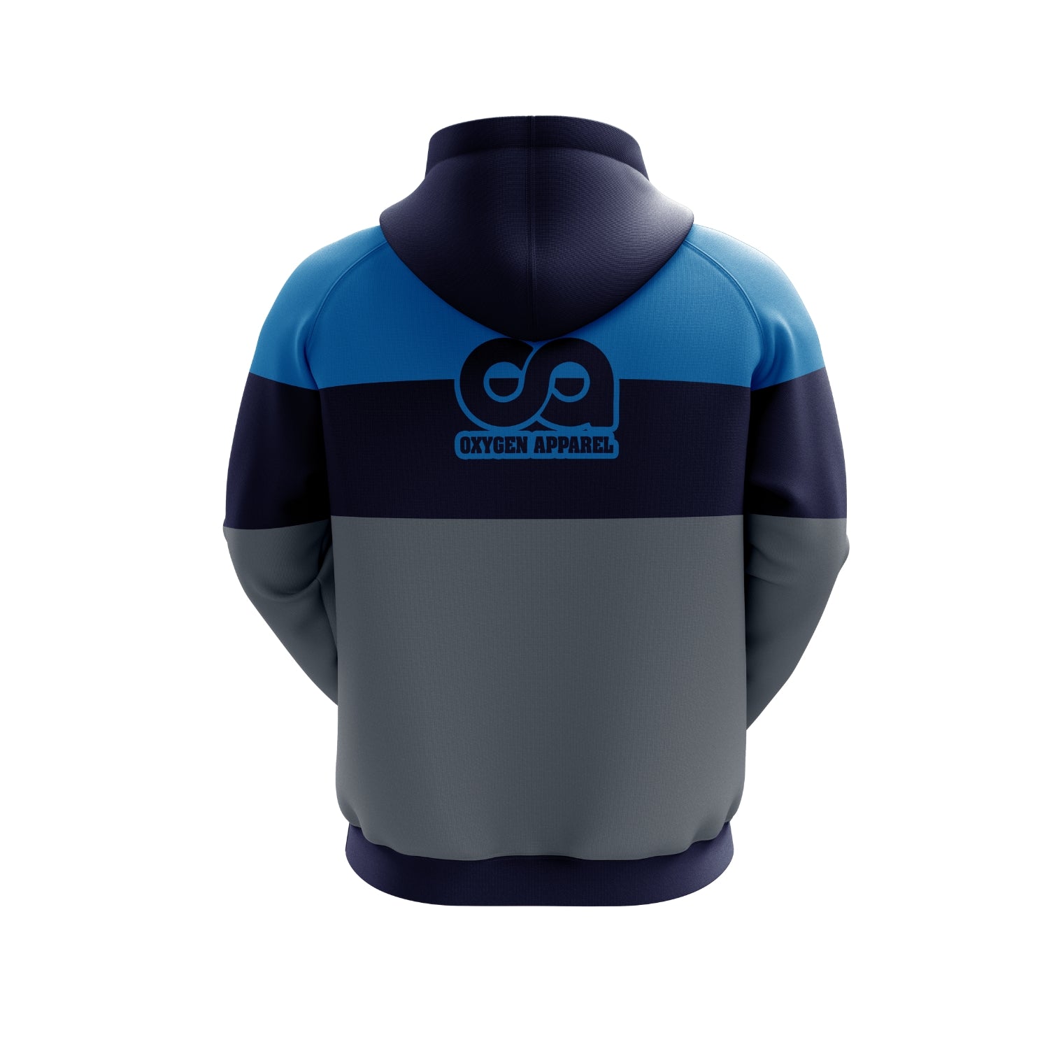 Back view of a hoodie with a brand logo on a white background