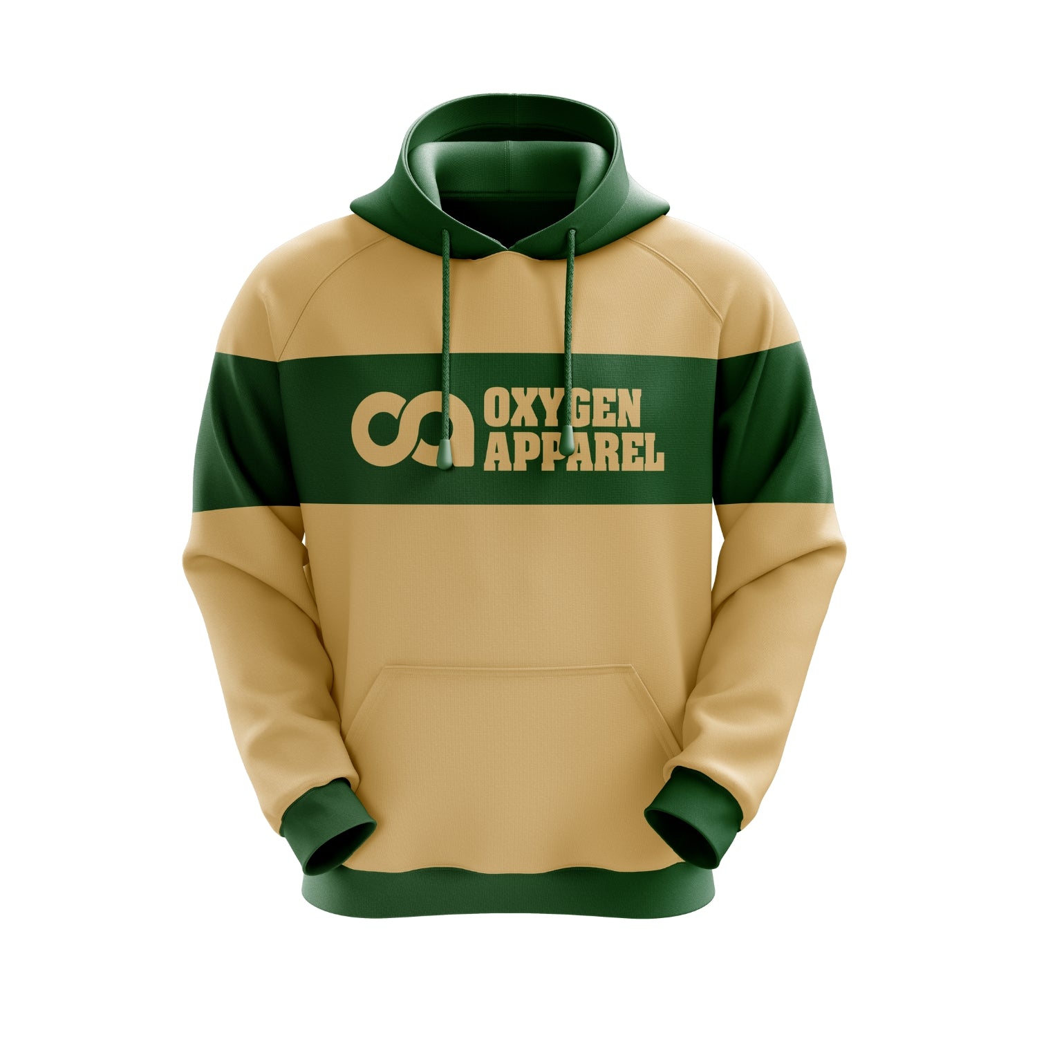 Beige and green hoodie with 'Oxygen Apparel' logo on a white background