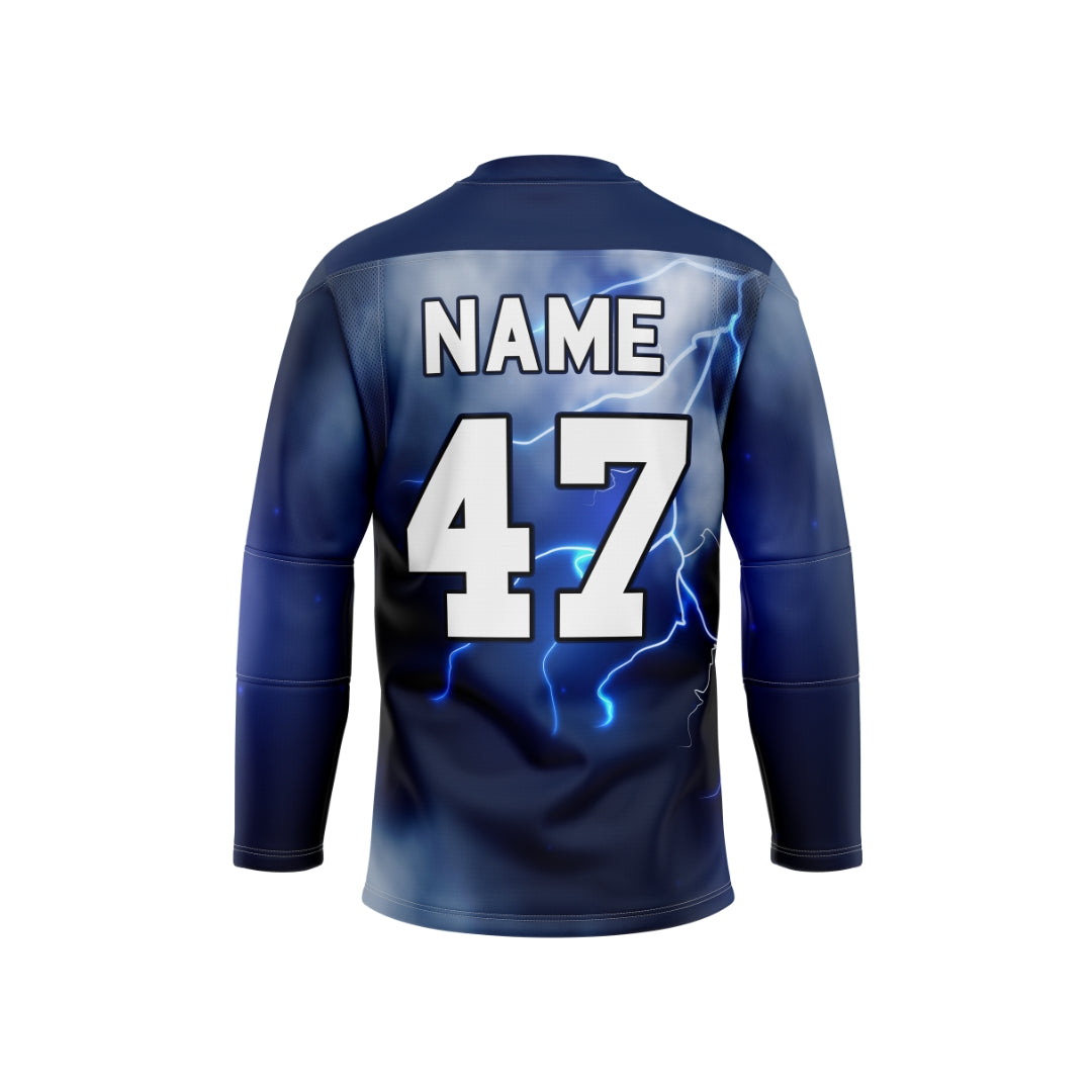 Blue sports jersey with lightning design on a white background