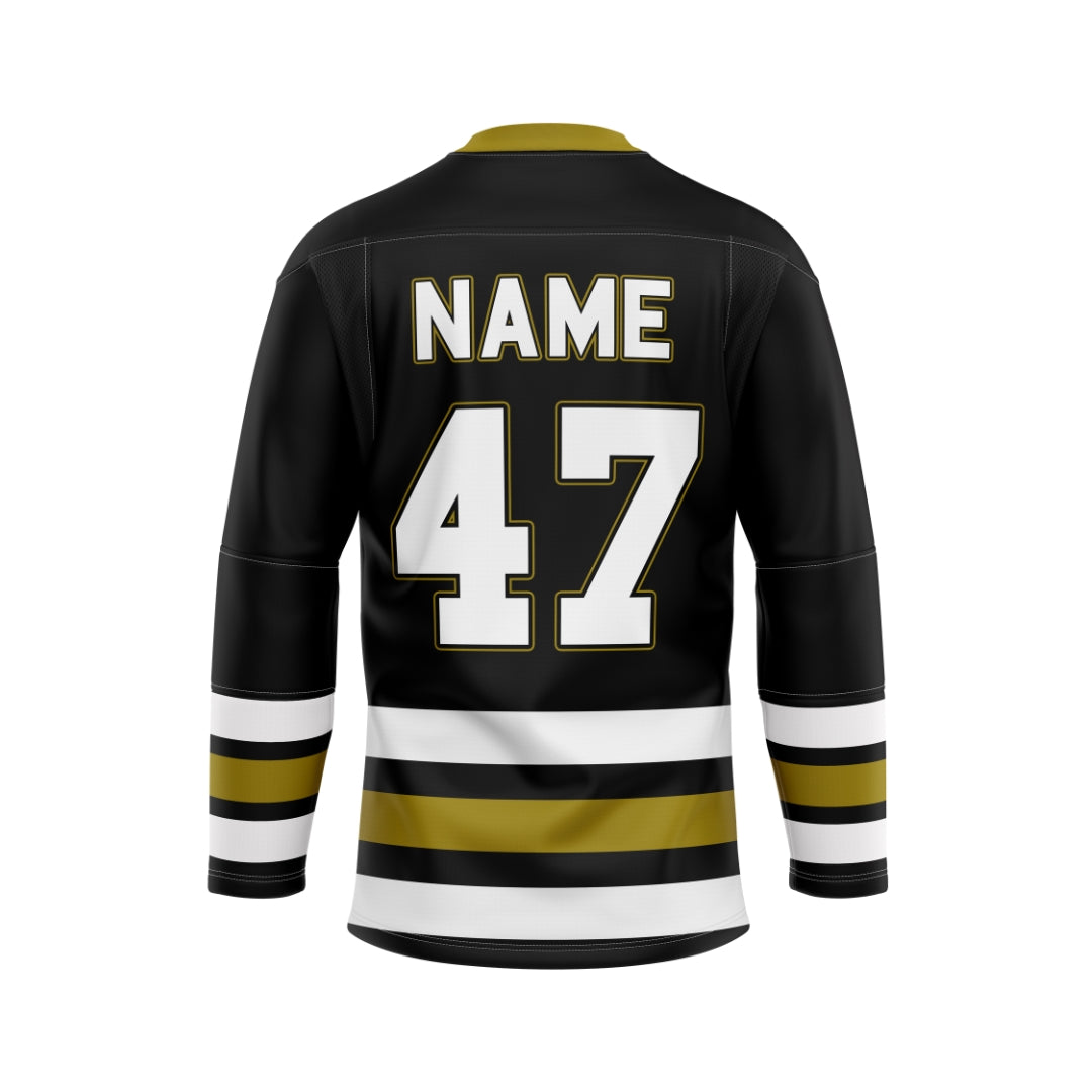 Black hockey jersey with gold and white accents on a white background