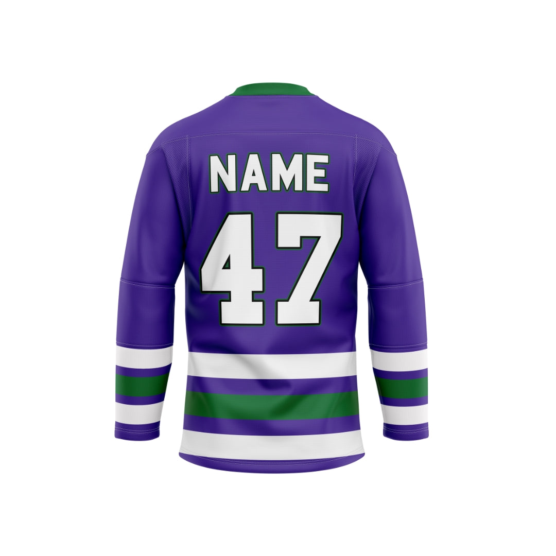 Purple hockey jersey with number 47 and customizable name on a white background