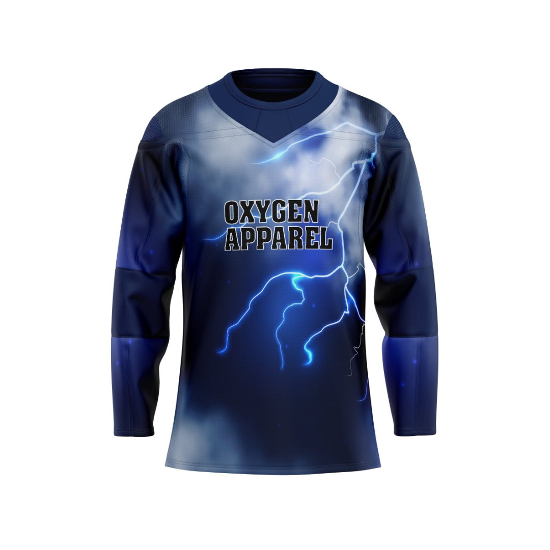 Blue athletic shirt with 'Oxygen Apparel' logo on a white background