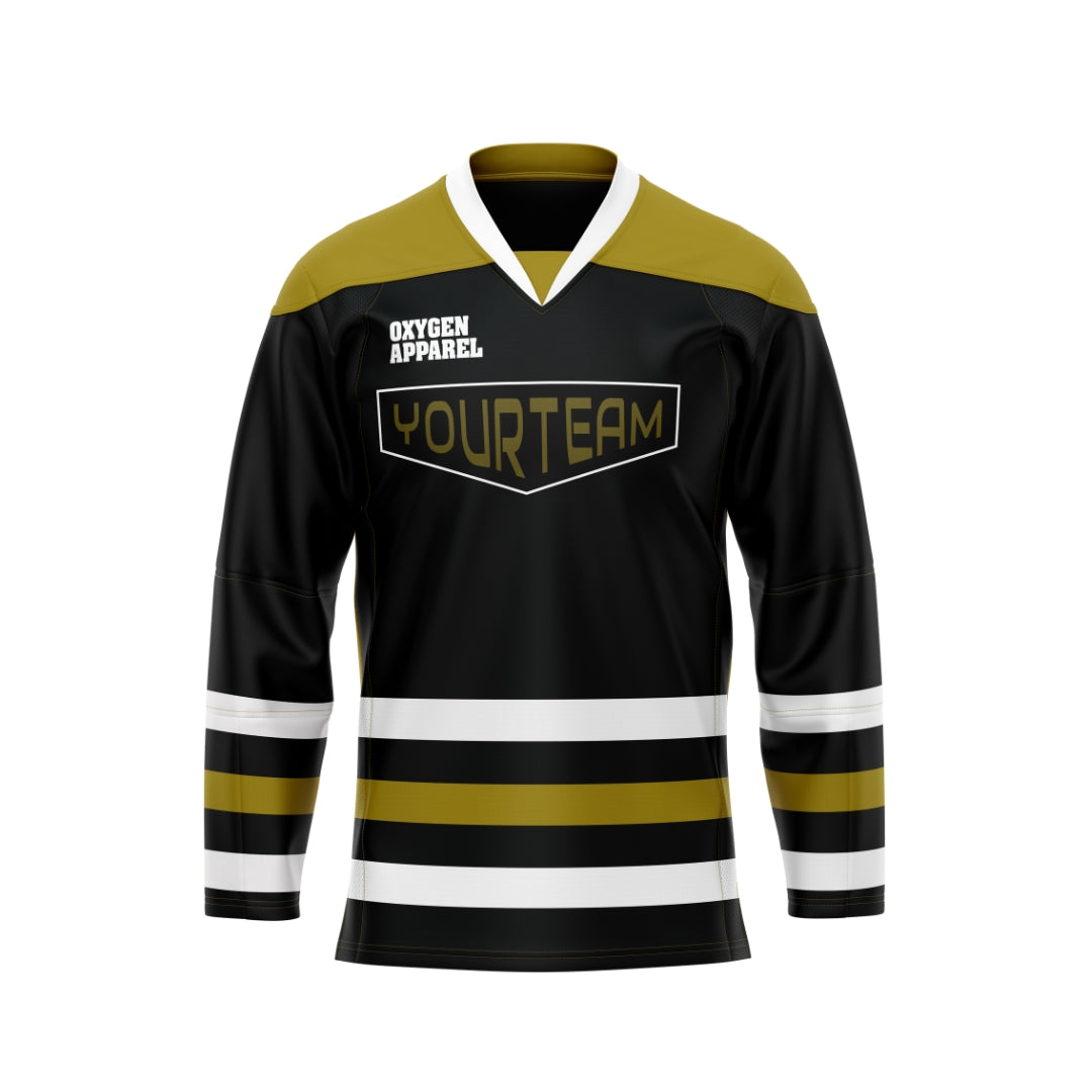 Black hockey jersey with gold and white accents, featuring 'Oxygen Apparel' branding.