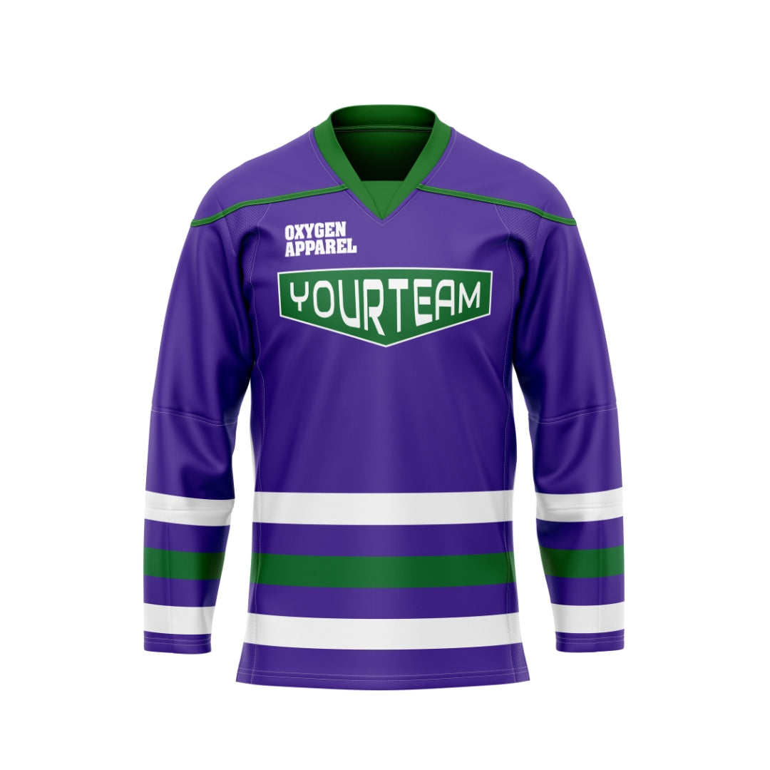 Purple sports jersey with green and white accents on a white background