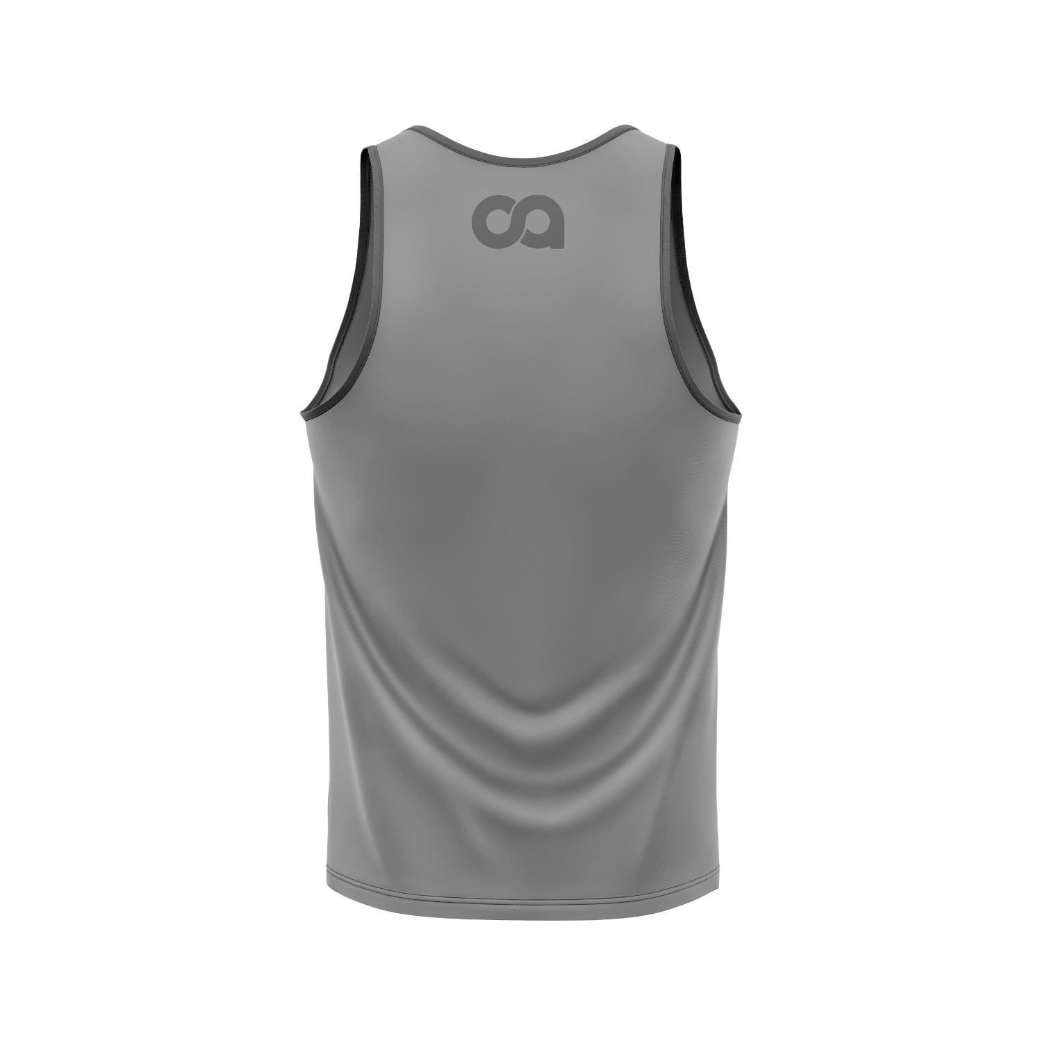 Gray tank top with a logo on the back against a white background