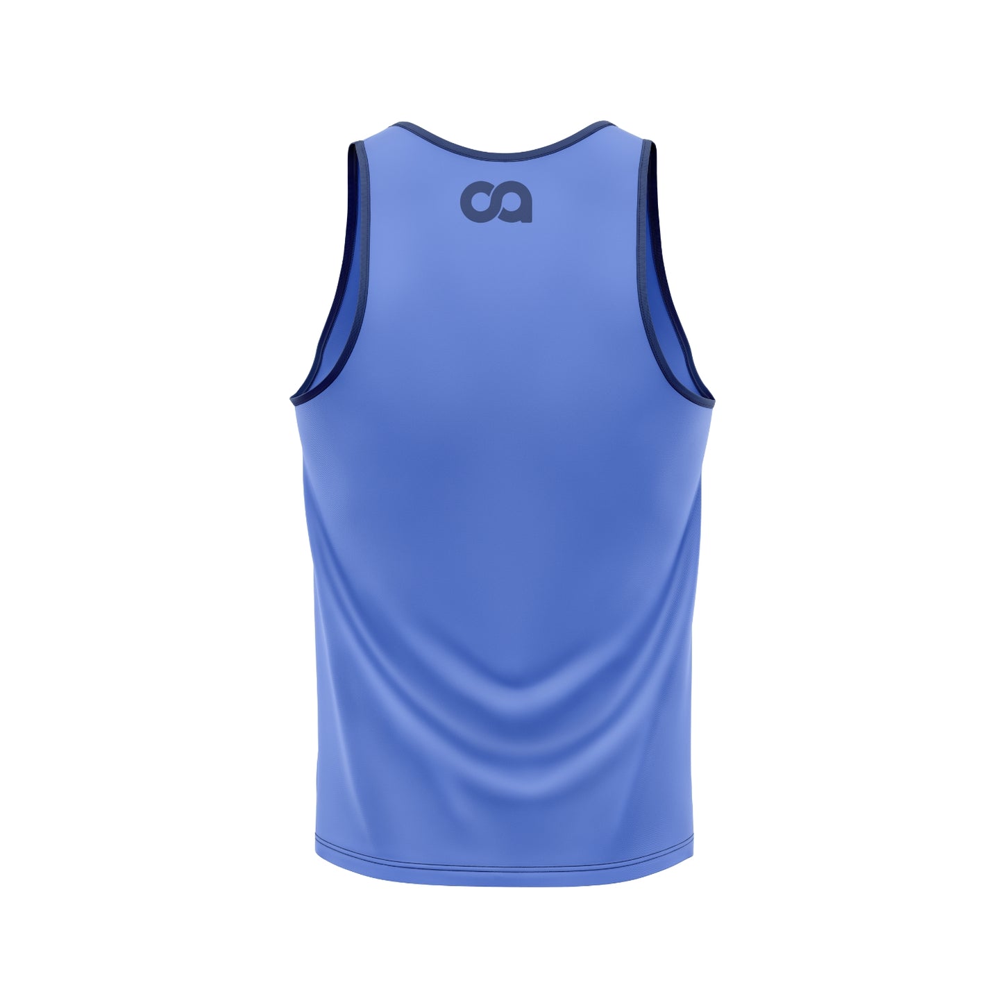 Blue tank top with a logo on the back against a white background