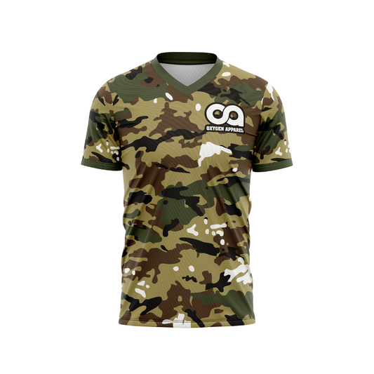 Camouflage t-shirt with a brand logo on a white background