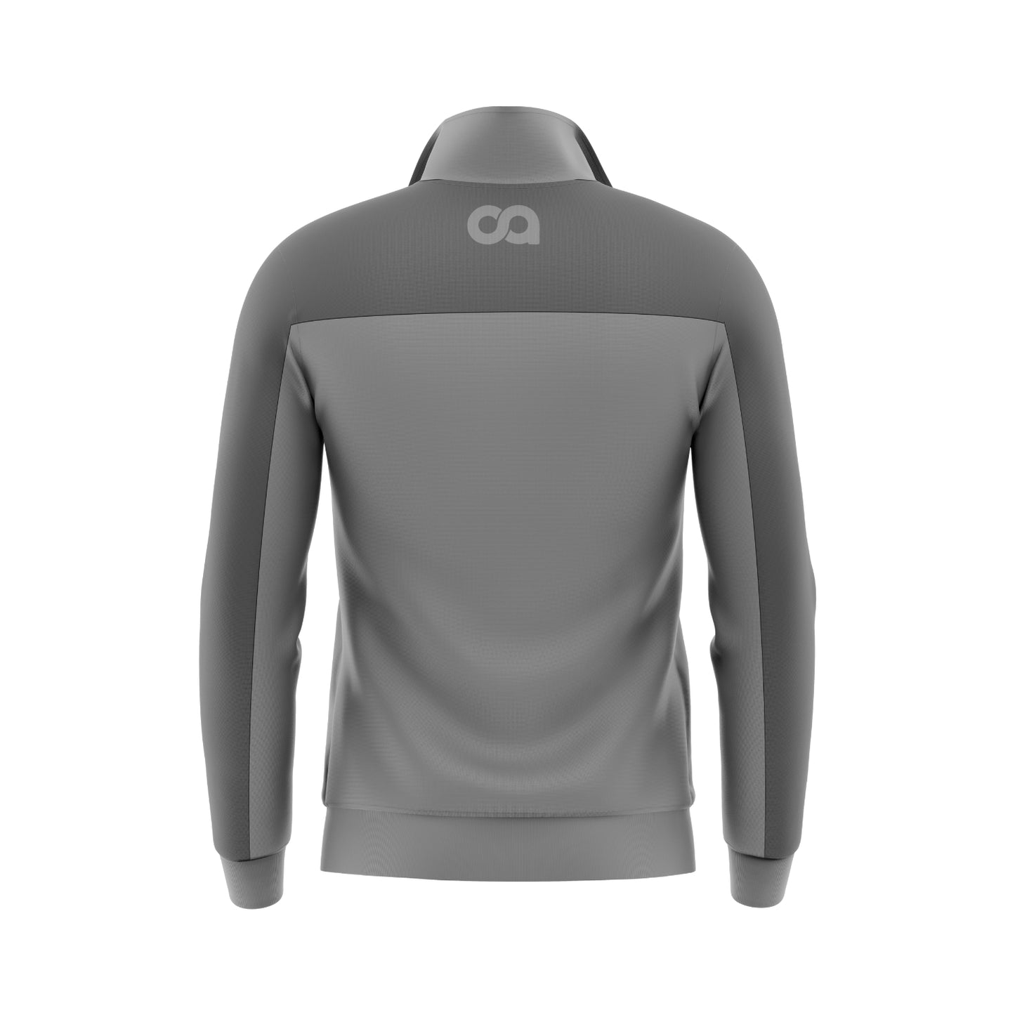 Gray jacket with a logo on the back against a white background