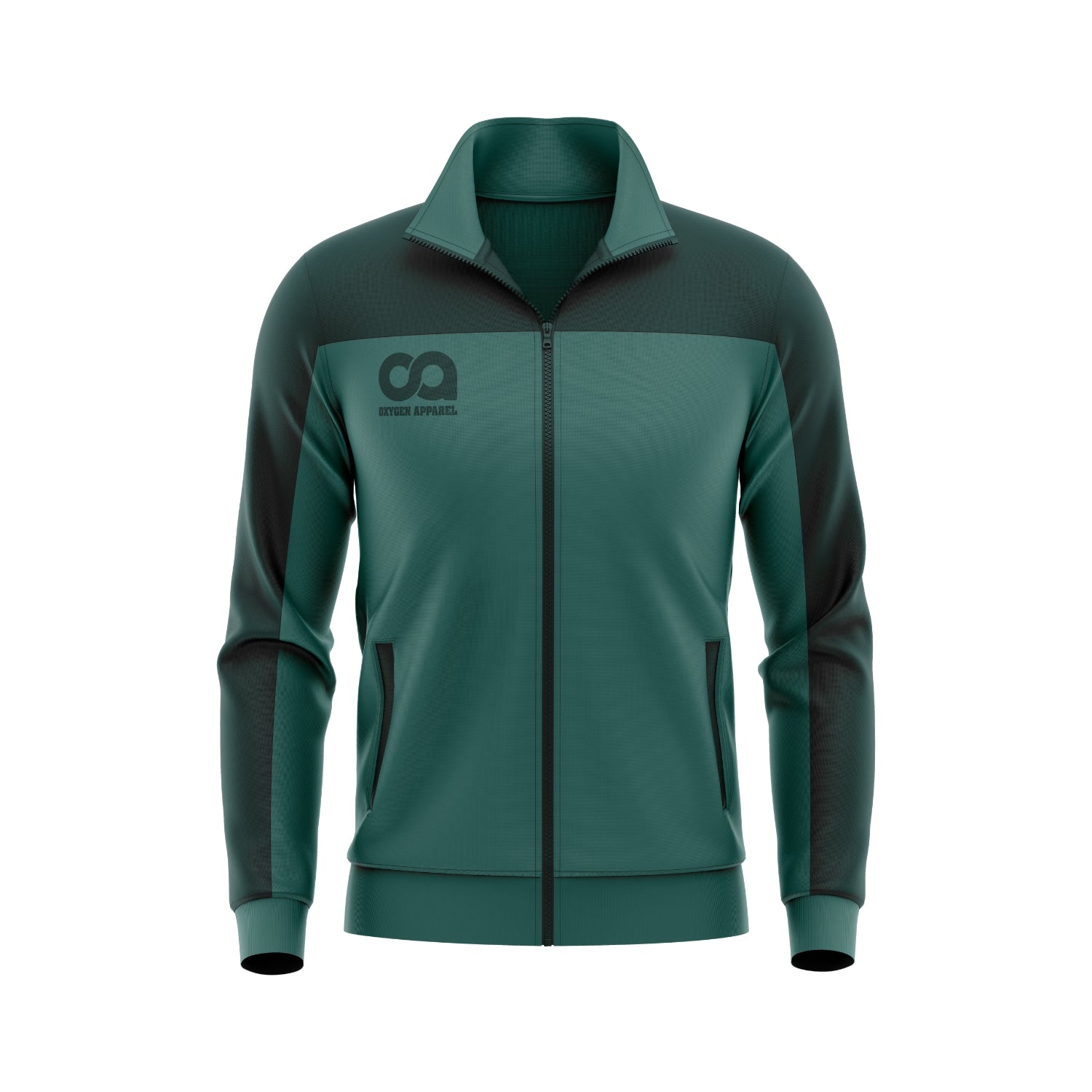 Green and black jacket with a logo on a white background