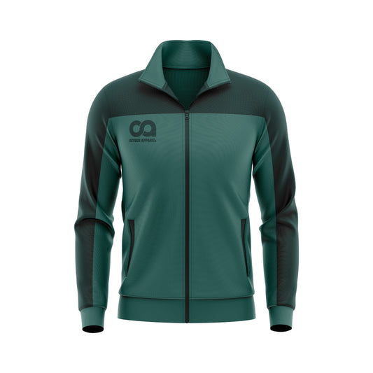 Green and black jacket with a logo on a white background