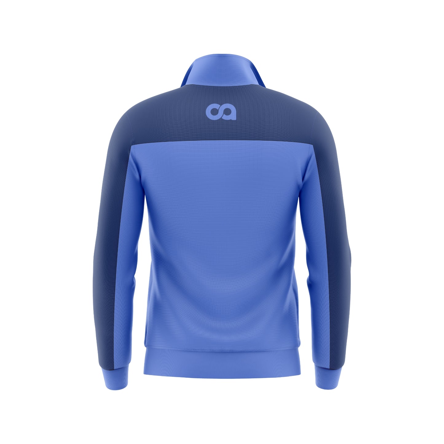 Blue and navy jacket with a logo on the back against a white background