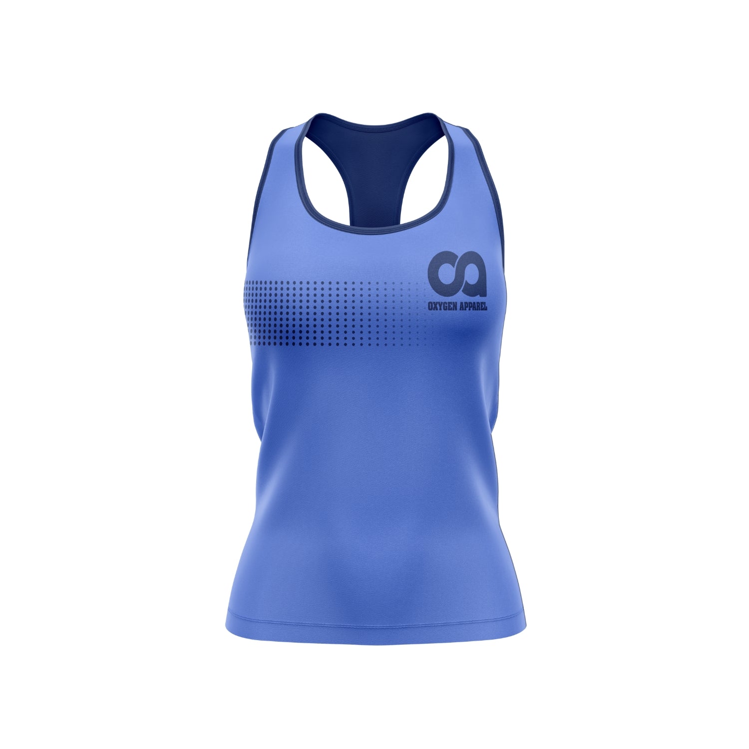 Blue tank top with a logo on a white background