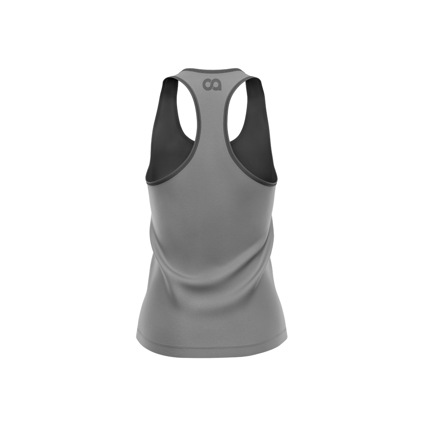 Gray tank top with a brand logo on the back against a white background