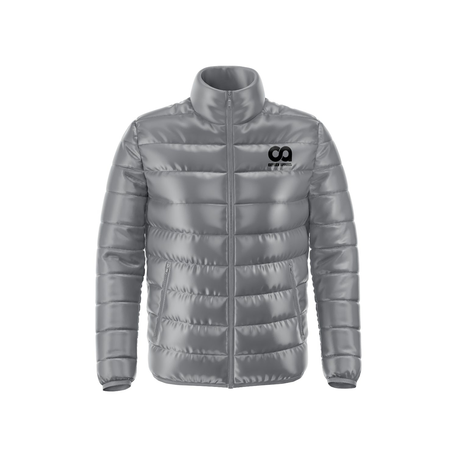 Silver puffer jacket with a logo on a white background