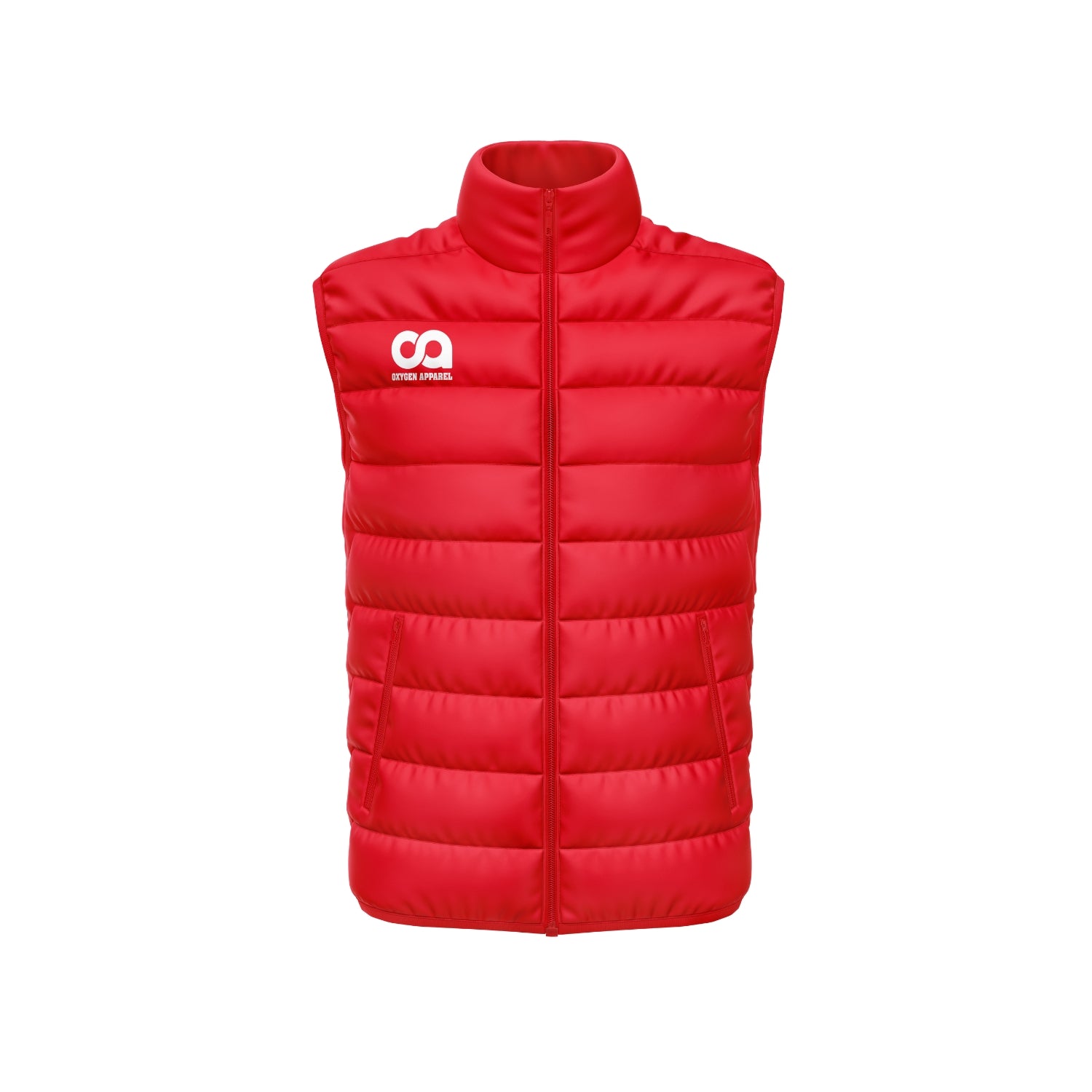 Red puffer vest with a logo on a white background
